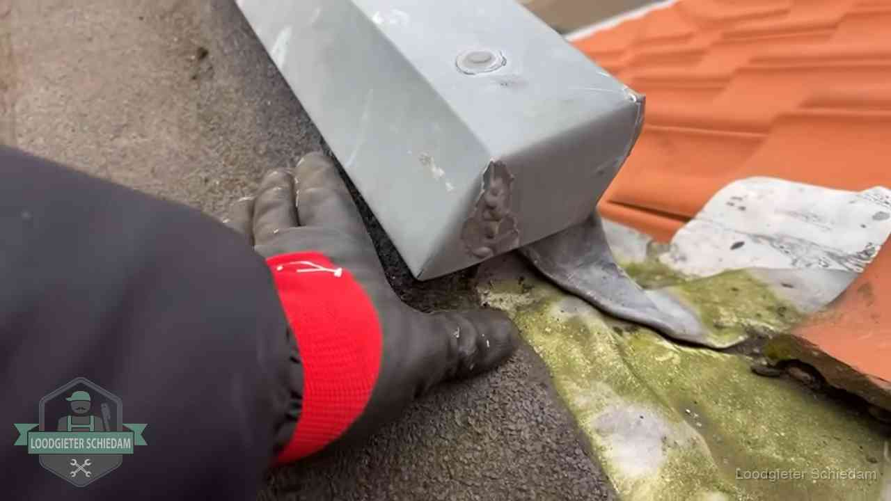 Hemelwaterafvoer en dakgoot controleren in Schiedam Controle van een zinken hemelwaterafvoer met loodslab bij dakpannen in Schiedam